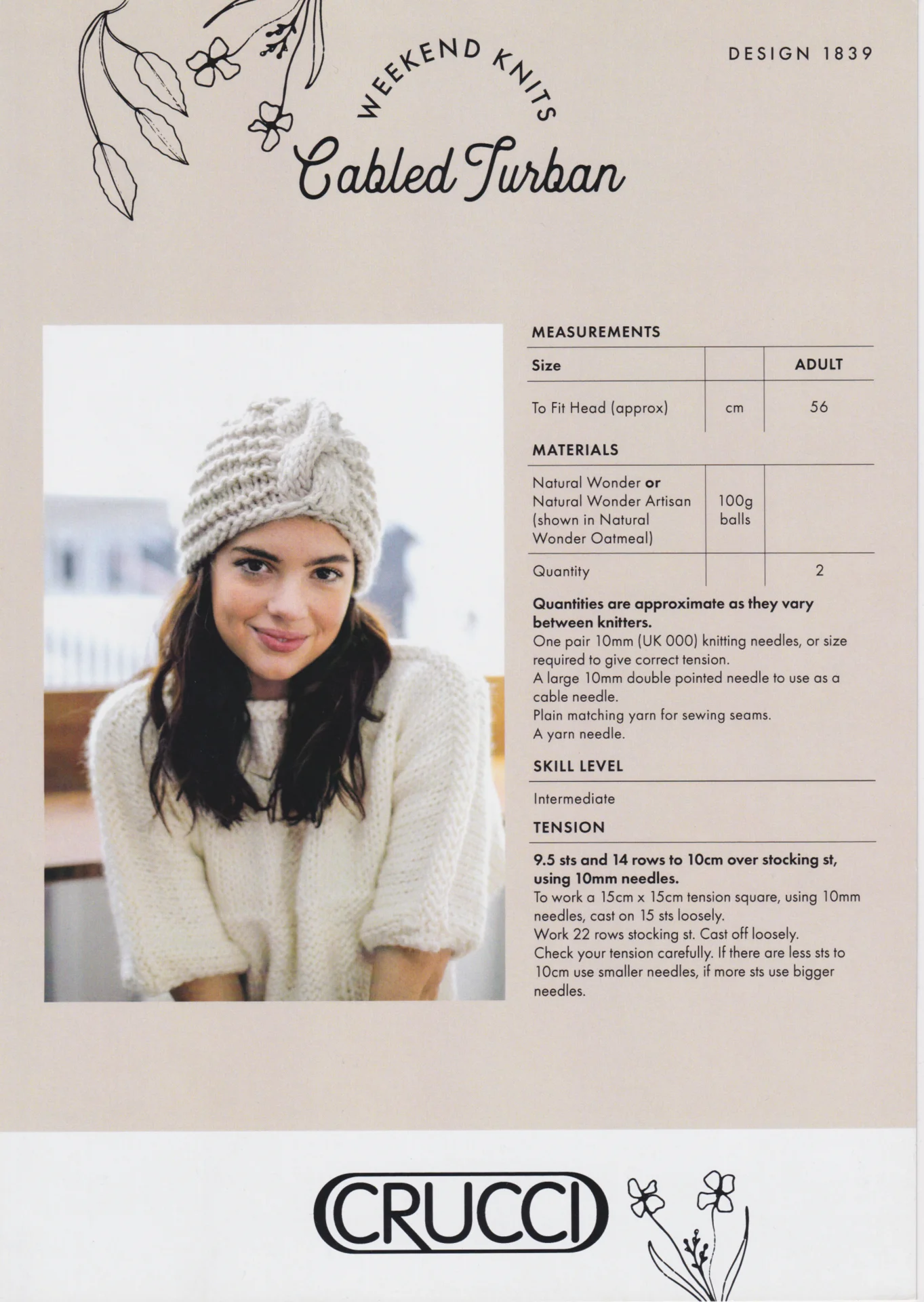 Crucci Pattern 1839 Natural Wonder Cabled Turban
