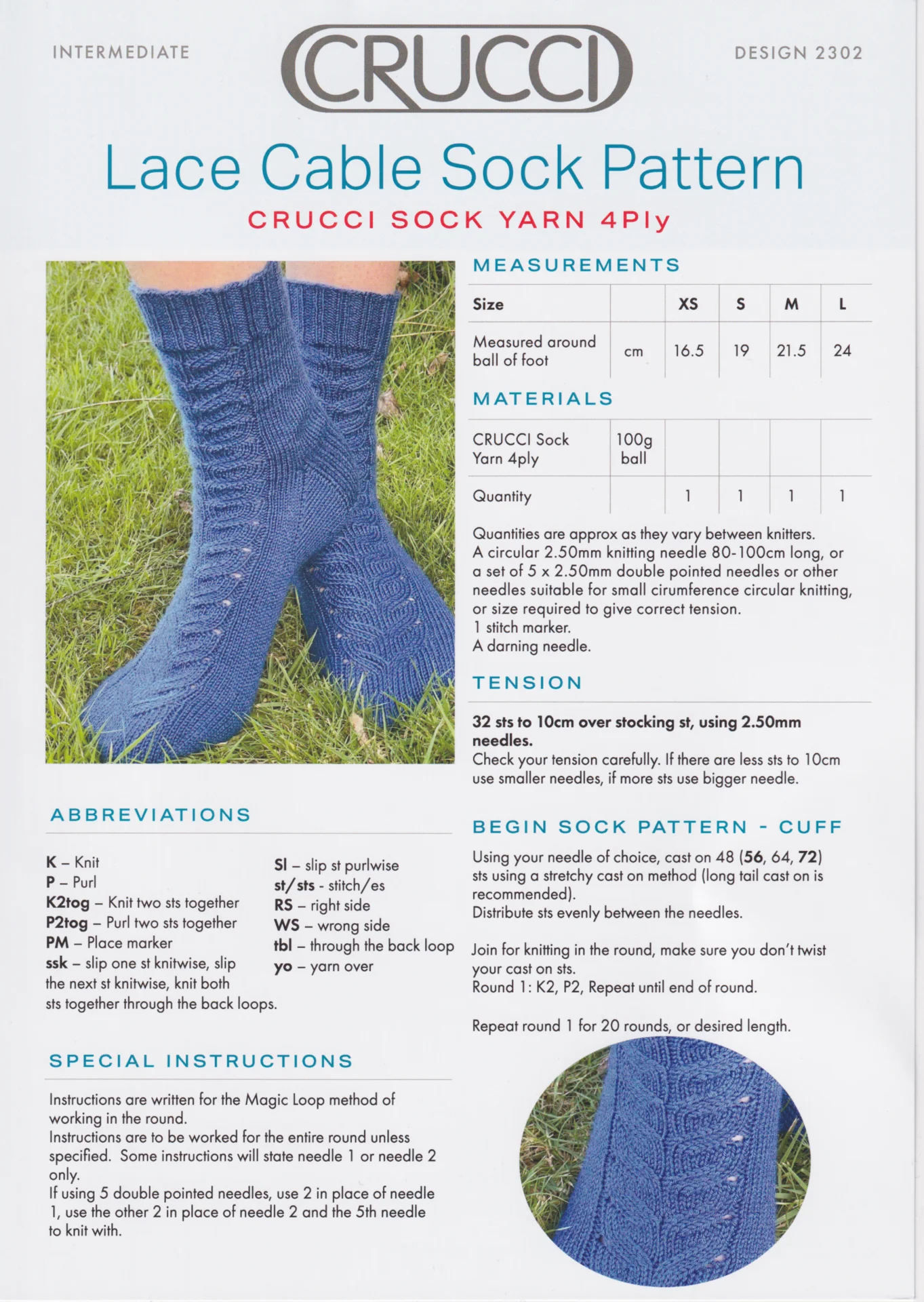 Crucci Pattern 2302 Lace Cable Sock 4 Ply