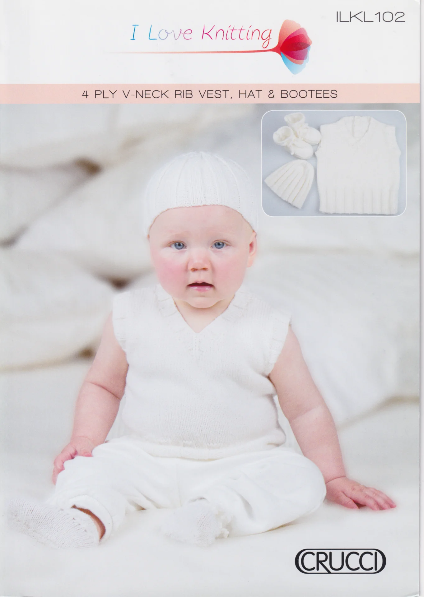 Crucci Pattern ILKL 102 4 Ply Baby V-Neck Rib Vest, Hat and Bootees
