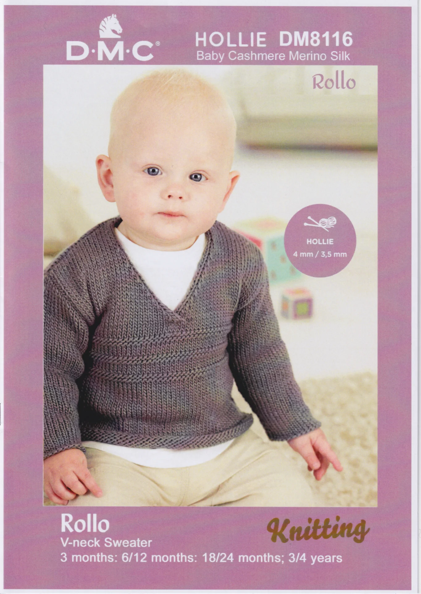 DMC Pattern Rollo Baby V Neck Jumper 8 Ply