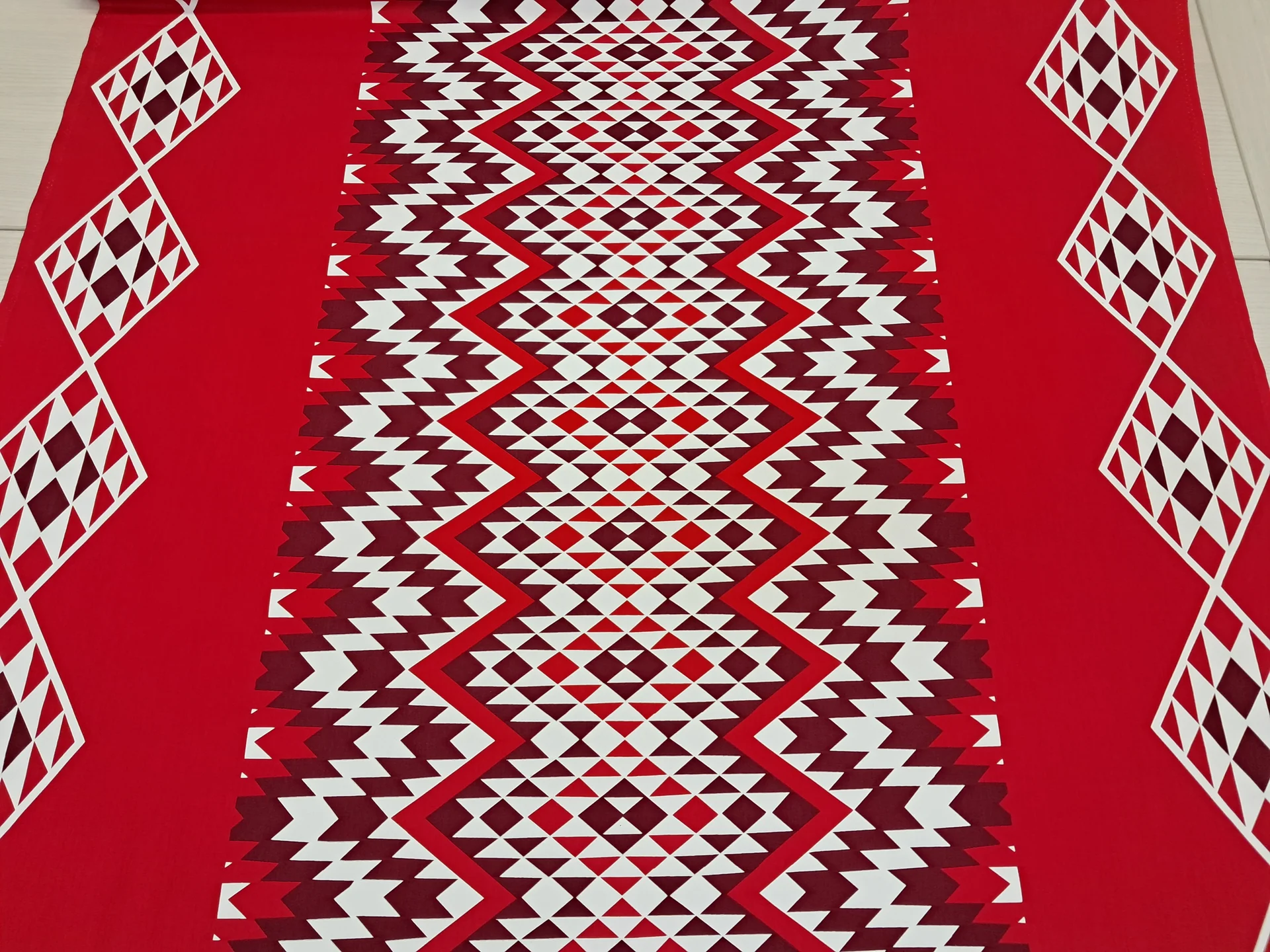 Fabric Maori Print Red Burgundy White