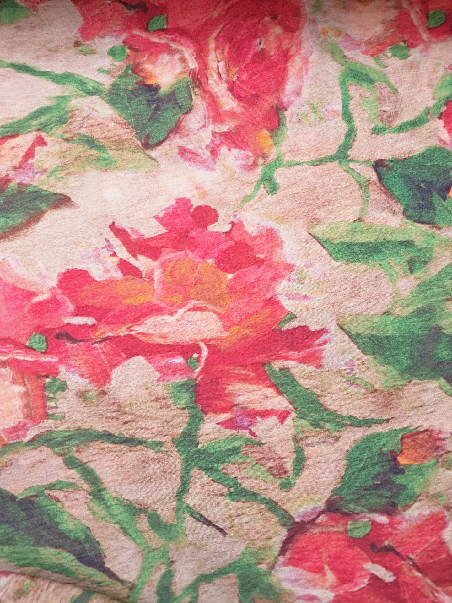Fabric Rayon Beige Red Green Floral