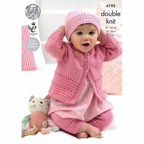 King Cole Pattern 4195 8 Ply Babies Coat, Hat and Leggings