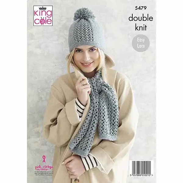 King Cole Pattern 5479 8 Ply Ladies Cardigan, Scarf and Hat Set