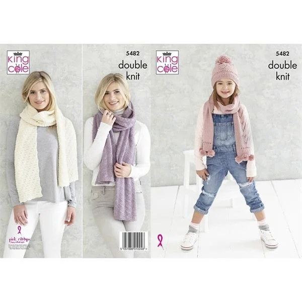 King Cole Pattern 5482 8 Ply Childs Hat and Scarf Plus Adult Shawl