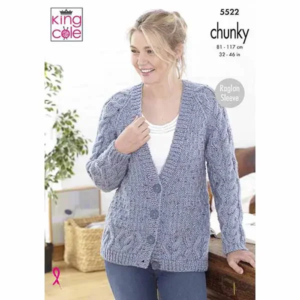 King Cole Pattern 5522 14 Ply Ladies Raglan Cardigan