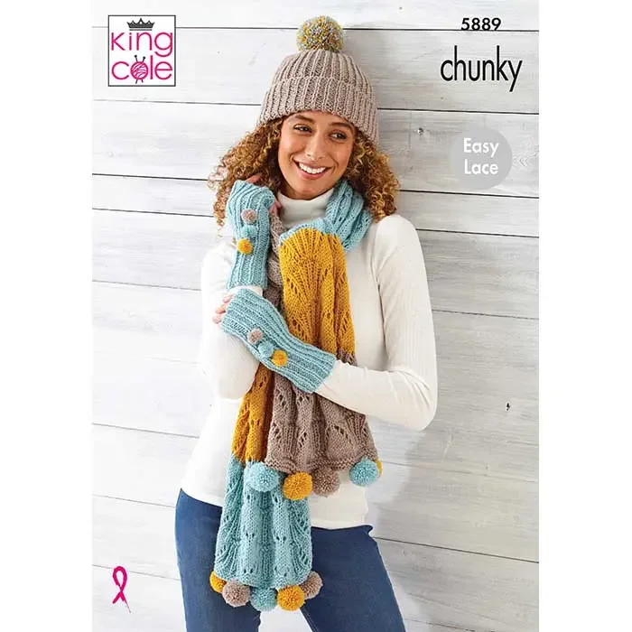 King Cole Pattern 5889 12 Ply Scarf, Wrap, Hat and Hand Warmers Set