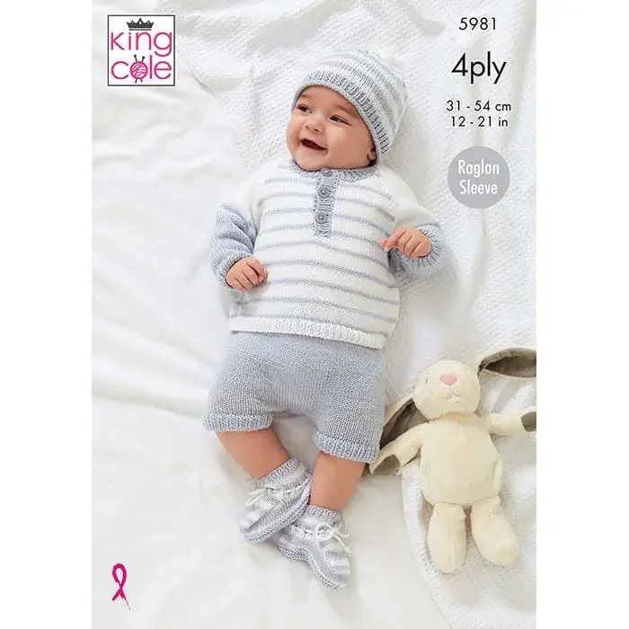 King Cole Pattern 5981 4 Ply Babies Sweater, Pants, Hat and Bootees