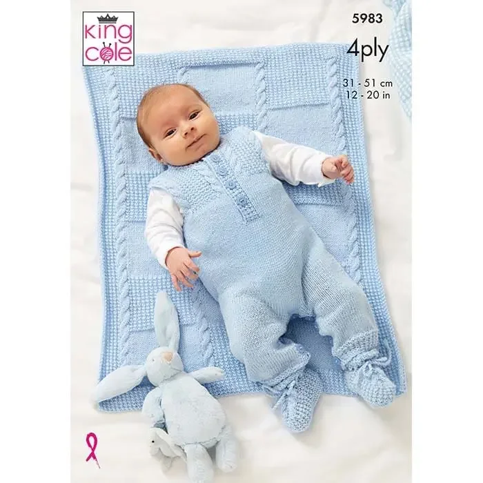 King Cole Pattern 5983 4 Ply Babies Dungarees, Jacket, Bootees and Blanket