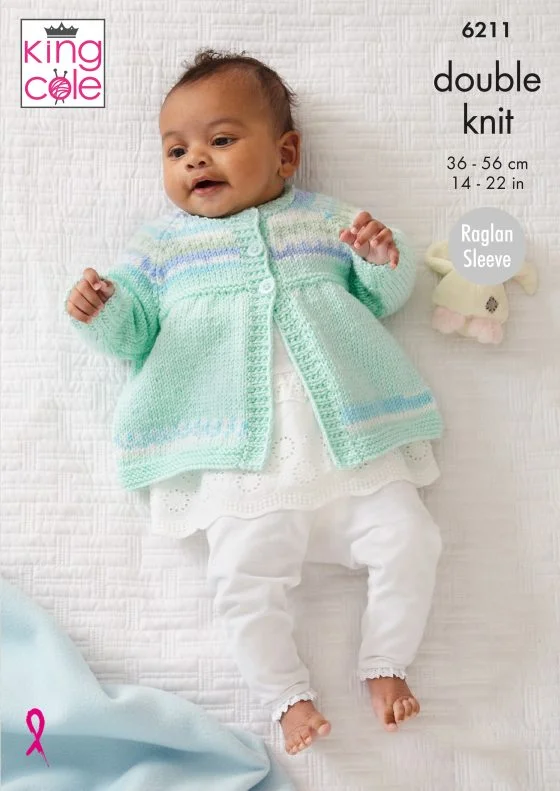 King Cole Pattern 6211 8 Ply Baby Cardigan, Sweater, Matinee Coat and Hat