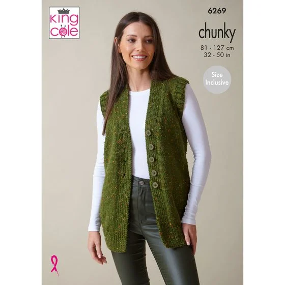 King Cole Pattern 6269 14 Ply Ladies Capped Sleeve Cardigan and Waistcoat