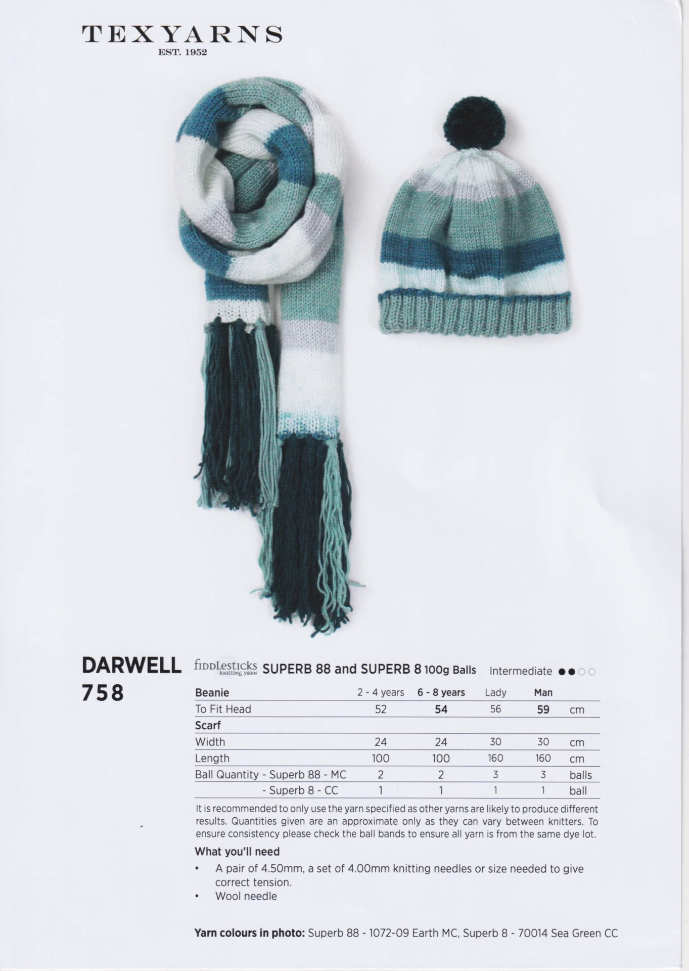 Texyarns Pattern 758 Darwell Hat and Scarf 8 Ply