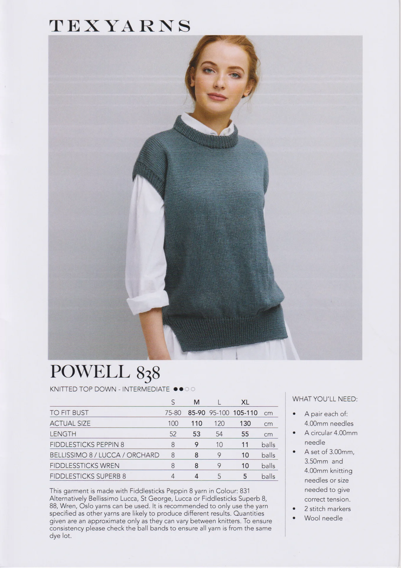 Texyarns Yarn Pattern 838 Powell 8 Ply Vest